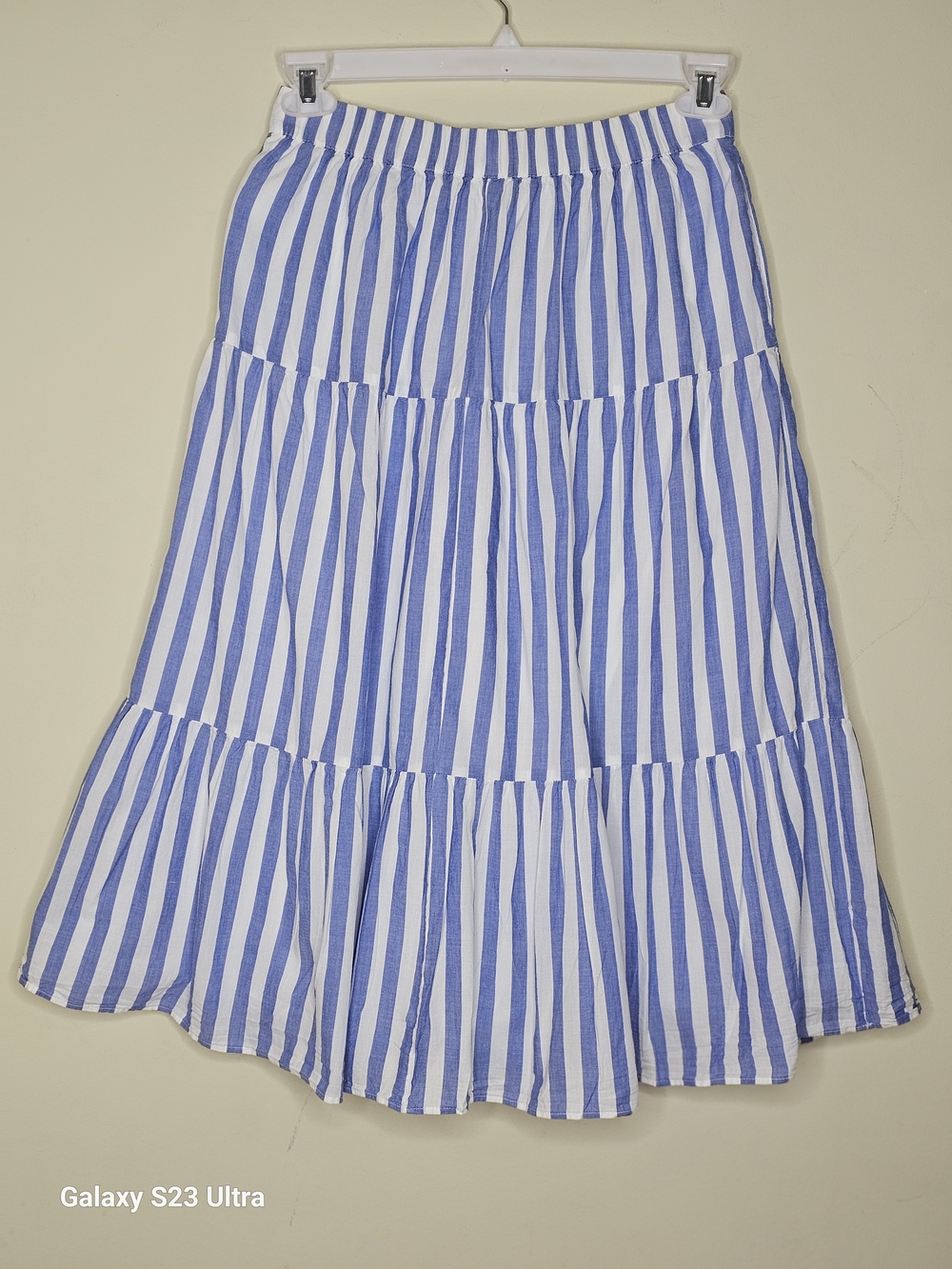 J. Crew Blue and White Striped Tiered Midi Skirt - Picture 2 of 7